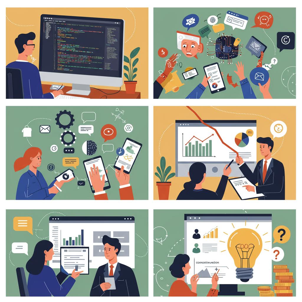 여러 장면 속 사람들이 코드 작성과 데이터 분석을 수행하는 모습이 루믹스를 연상시키며 솔루션 운영의 다양성을 보여주는 장면