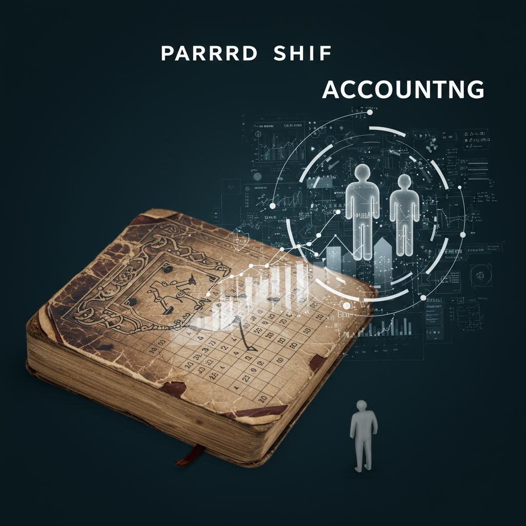 낡은 장부 위로 투명한 인물 아이콘과 데이터 그래프가 겹쳐지며 시간과 기술이 교차하는 상징적 장면