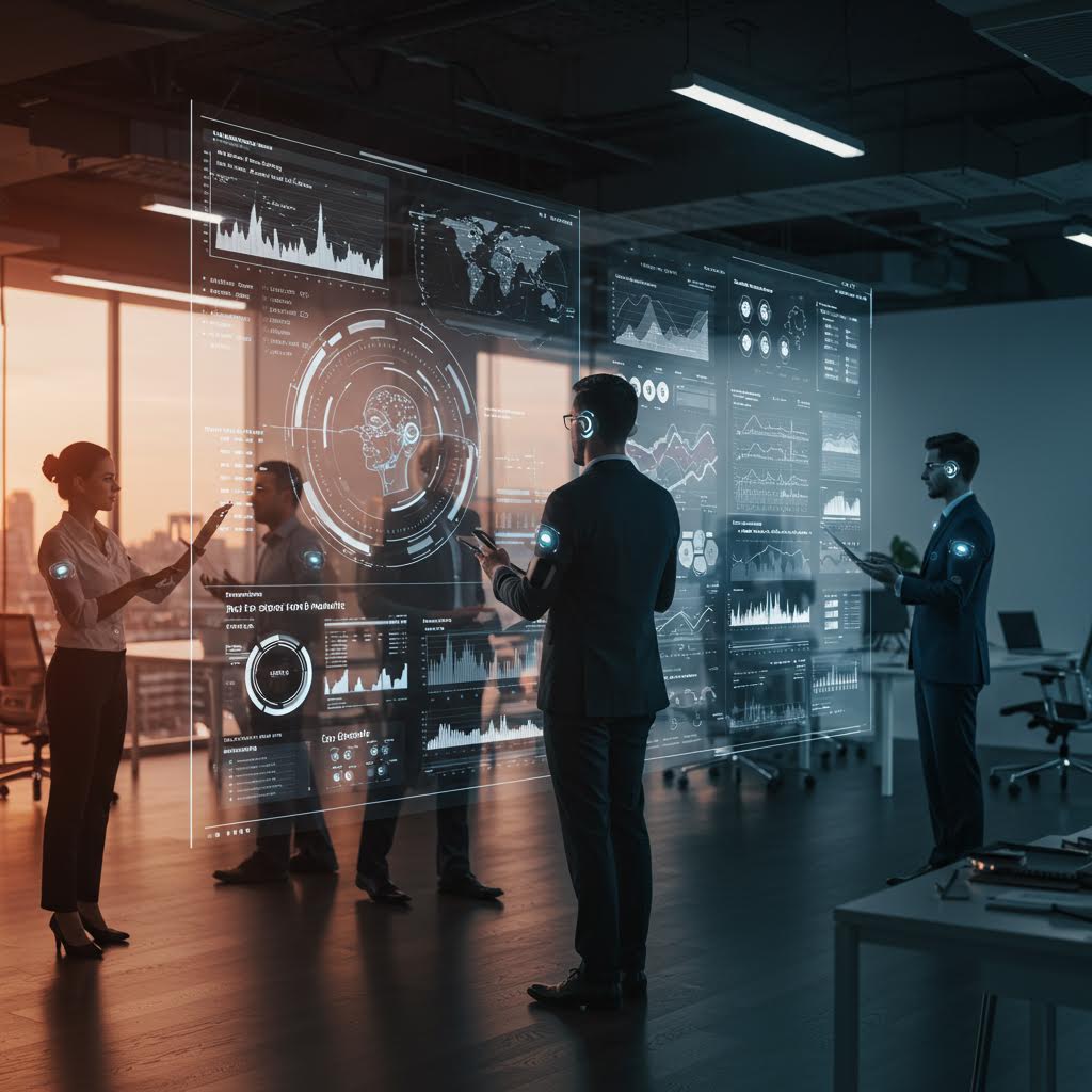 현대 사무실에서 다섯 명의 전문가가 대형 홀로그램 스크린을 보며 태블릿으로 상호작용한다. 스크린에는 세계 지도, 뇌 스캔, 그래프, 차트 등 다양한 데이터가 표시되어 AI와 데이터 분석 회의를 표현.