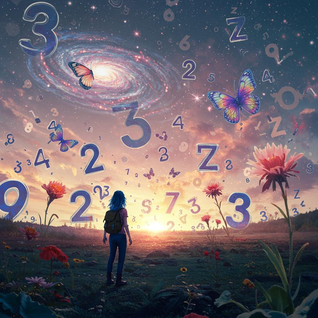 노을이 지는 들판 위에서 우주와 숫자가 뒤섞인 환상적인 하늘을 바라보는 사람의 모습. 이 장면은 루믹스솔루션이 기술과 감성을 결합하여 새로운 가능성을 탐구하는 세계를 상징한다.