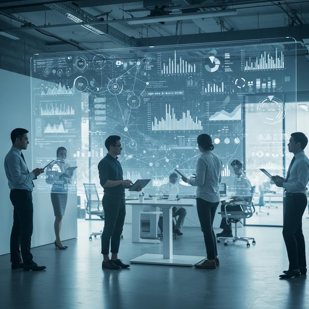 투명한 디지털 화면에 데이터 그래프가 떠오르고 사람들의 토론이 그 위로 얽히는 협업의 흐름