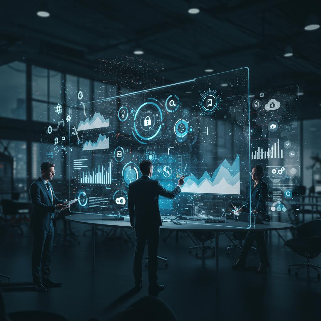 투명한 차트와 보안 아이콘이 겹쳐지며 루믹스솔루션의 금융 데이터 분석 기술이 구현되는 흐름