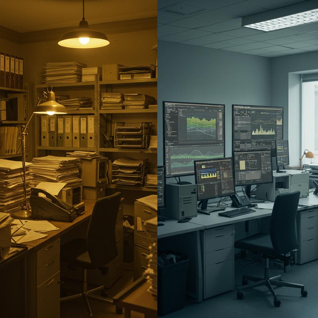 서류로 가득한 아날로그 사무실과 다중 모니터가 배치된 디지털 공간이 절묘하게 나뉘는 대비의 장면