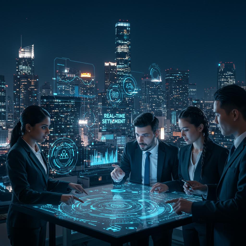 도시의 불빛 아래 데이터 패널을 마주한 인물들 속에서 루믹스솔루션의 실시간 정산 시스템이 작동하는 장면