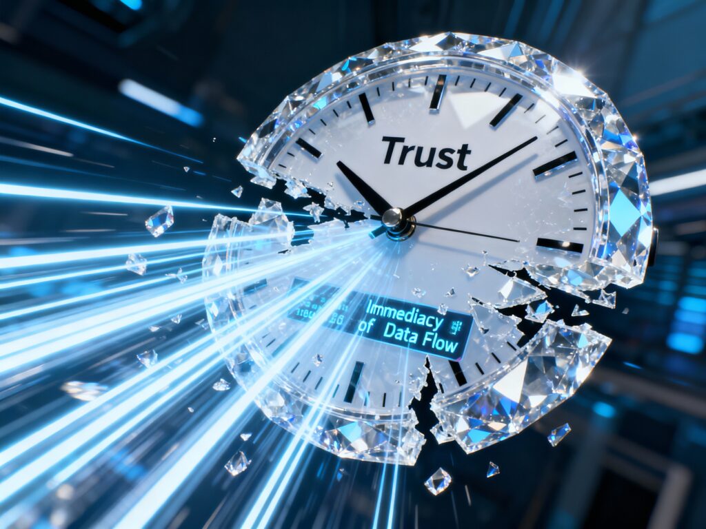 다이아몬드 시계가 깨지며 'Trust'라는 글씨가 드러나고, 'Immediacy of Data Flow' 텍스트가 빛난다. 파란 에너지 광선이 폭발하듯 퍼져 나가며 즉각적인 신뢰와 데이터 흐름의 강력함을 상징하는 동적 이미지.