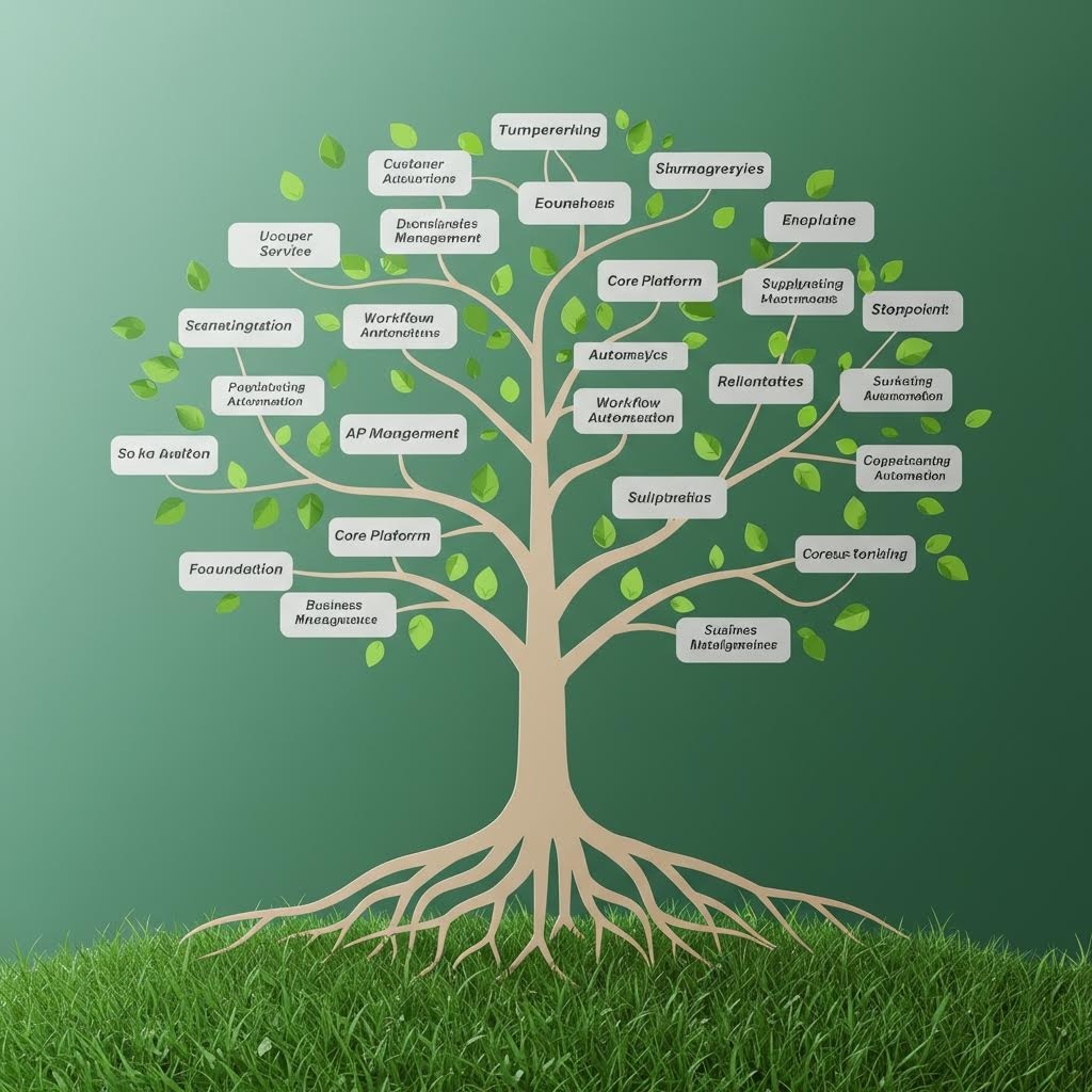 루믹스솔루션의 루믹스 기술 트리 다이어그램 – Foundation, Business Management, AP Management, Workflow Automation, Core Platform, Customer Service, Supply Chain, Reporting 등 계층화된 솔루션 구조를 나무 모양으로 시각화한 이미지. 루믹스 플랫폼의 통합 워크플로우를 상징적으로 표현.