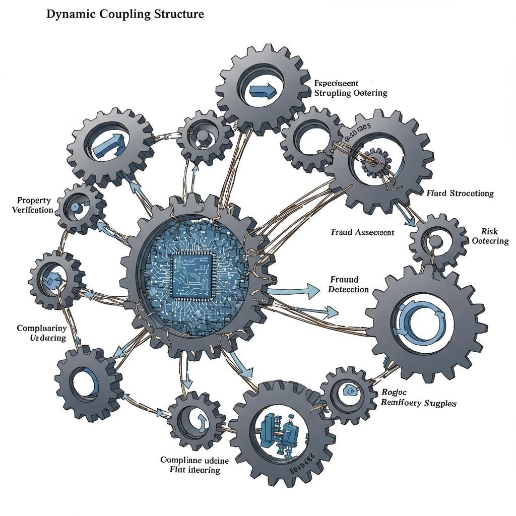 중앙 CPU 칩에서 방사형 기어 연결: Fraud Detection·Compliance·Risk Scoring 등 동적 커플링 시스템 일러스트.
