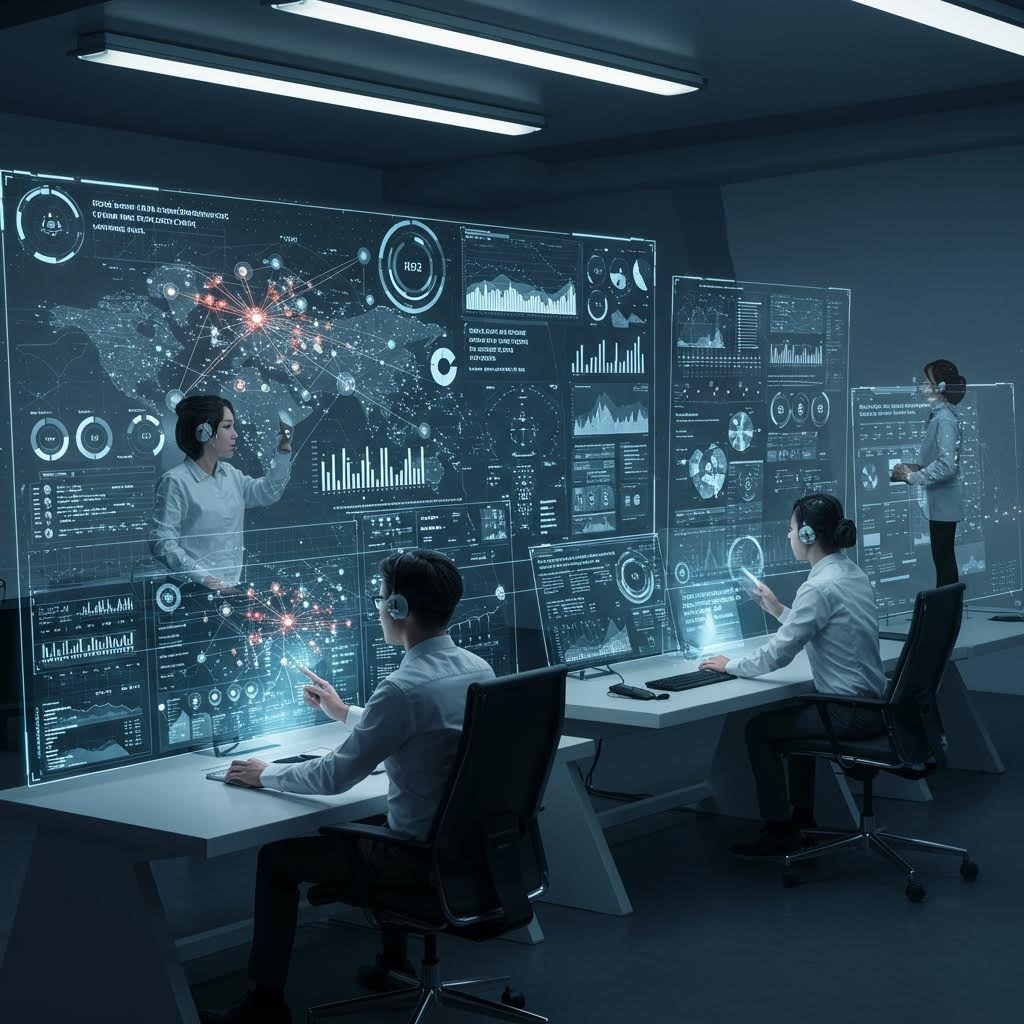 홀로그램 월드맵·그래프 앞에서 헤드셋 낀 분석가 4명, 실시간 네트워크 노드·데이터 대시보드 모니터링하는 사이버 보안 센터.
