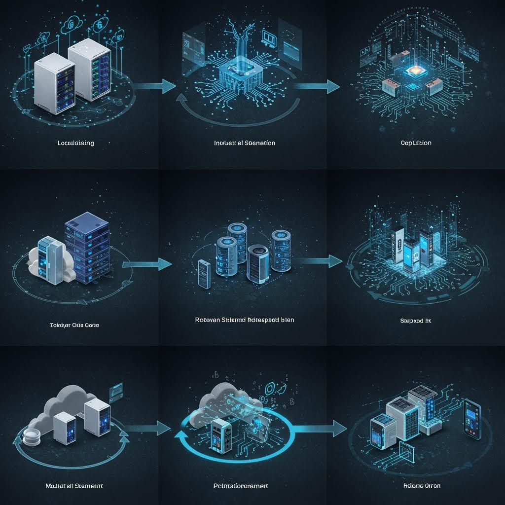 9단계 클라우드 컴퓨팅 진화 다이어그램: Localising 서버 → Induct al Stenoton 칩 → CopUtion 네트워크 → Token Chie Core → Rotevan Stemd Indepot bien → Suspod tk → Mulai al Stendart → Prtmasionement → Fodeme Qiran 최종 연결, 각 단계마다 아이콘·화살표·홀로그램 강조된 기술 발전 프로세스.