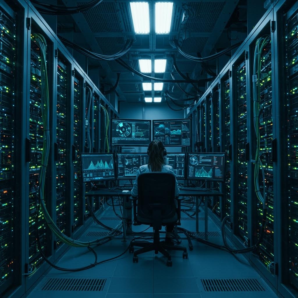 루믹스솔루션 데이터 센터에서 실시간 모니터링을 수행하는 운영자 이미지.