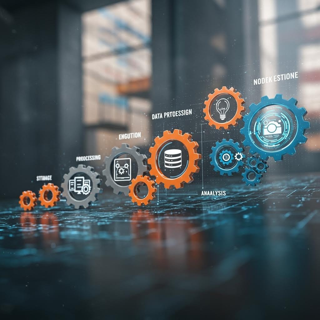 루믹스 데이터 처리 엔진부터 분석까지의 워크플로우를 기어 아이콘으로 표현한 콘셉트 이미지.