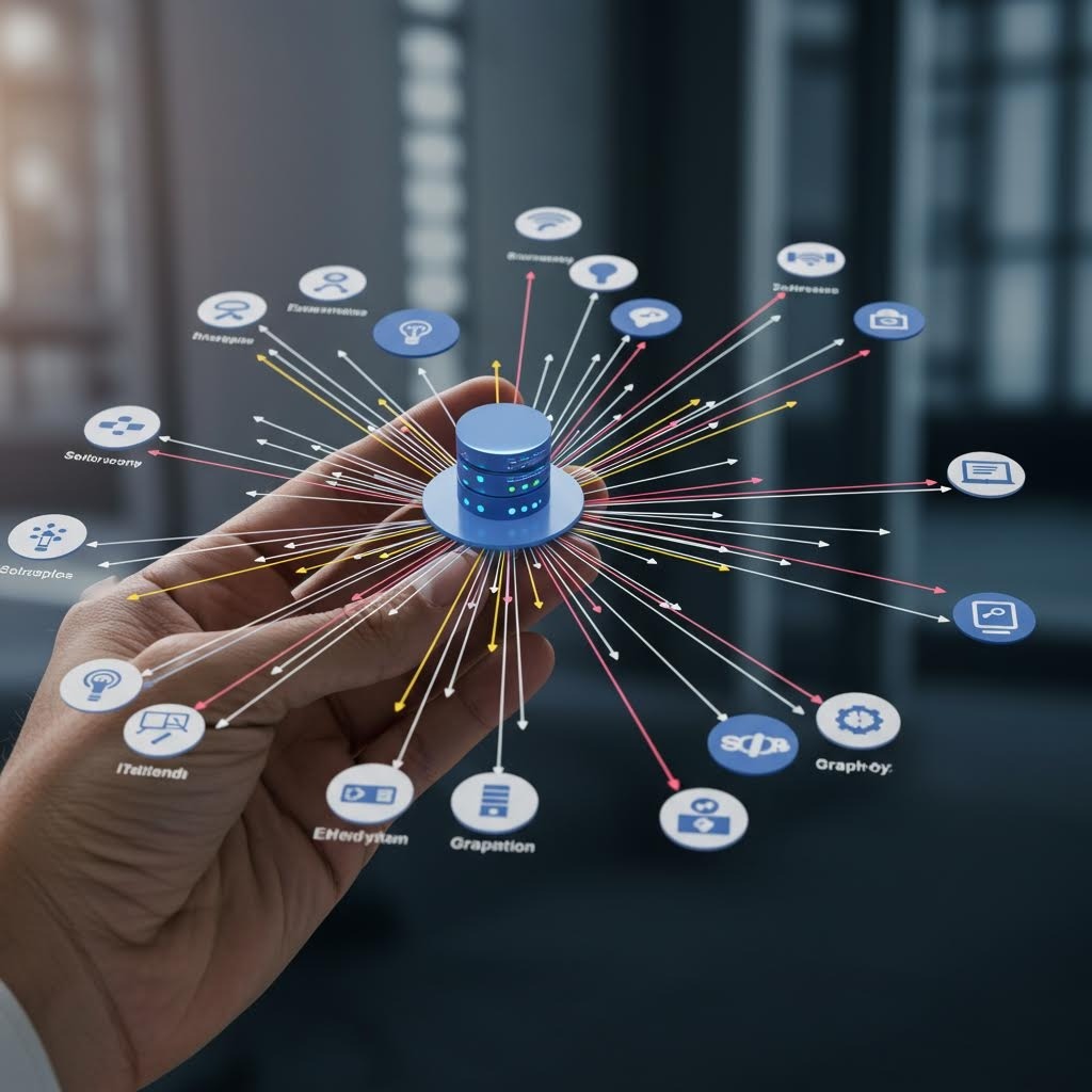 손바닥 위 푸른 실린더 서버, 주변 16개 아이콘(클라우드·보안·분석 등) 색상 선으로 연결된 IoT 통합 플랫폼 비전.