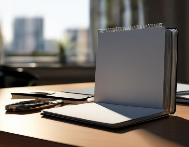 Brushed metal surface with blank divider cards and compact storage tray, organized saved references, angled morning daylight...