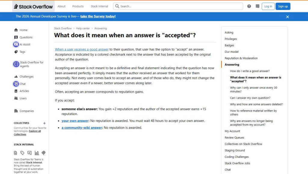 Stack Overflow Help Center explaining that an accepted answer is not necessarily definitive or final.