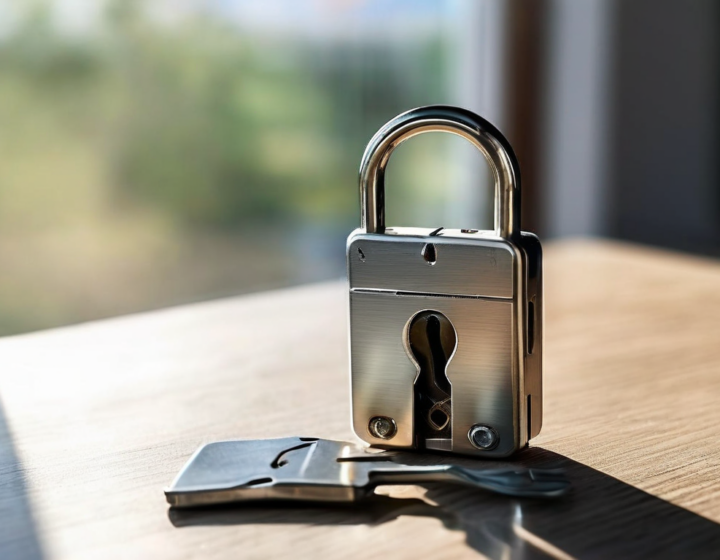Small metal lock, blank key card, and key case on brushed metal surface, morning light, security metaphor.
