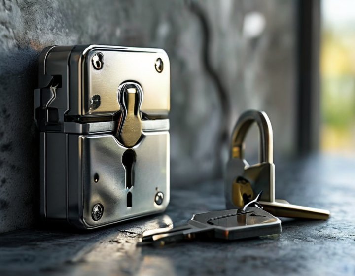 Brass padlock and key card on brushed metal surface in morning light, security preparation concept.
