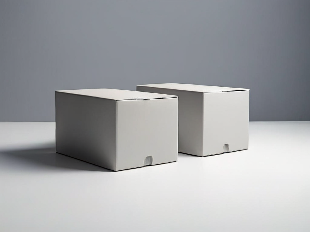 Two blank archive boxes beside a larger sealed storage block on a gray studio surface, soft side light casting clean shadows.