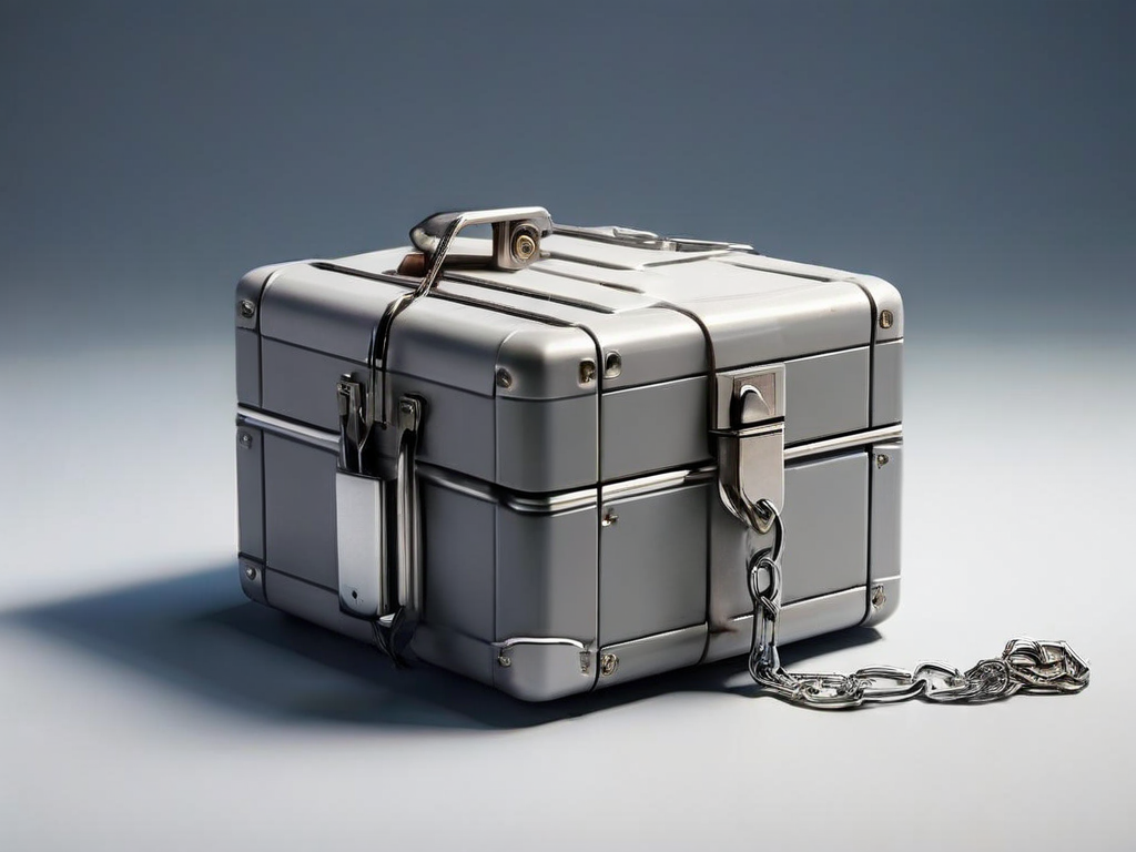 A sealed metal storage case with a short chain sits beside scattered small blocks representing file locations on a gray studio...