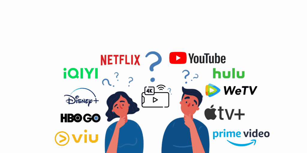 Two viewers choosing among several OTT services, illustrating the difficulty of finding where a specific movie is currently available.
