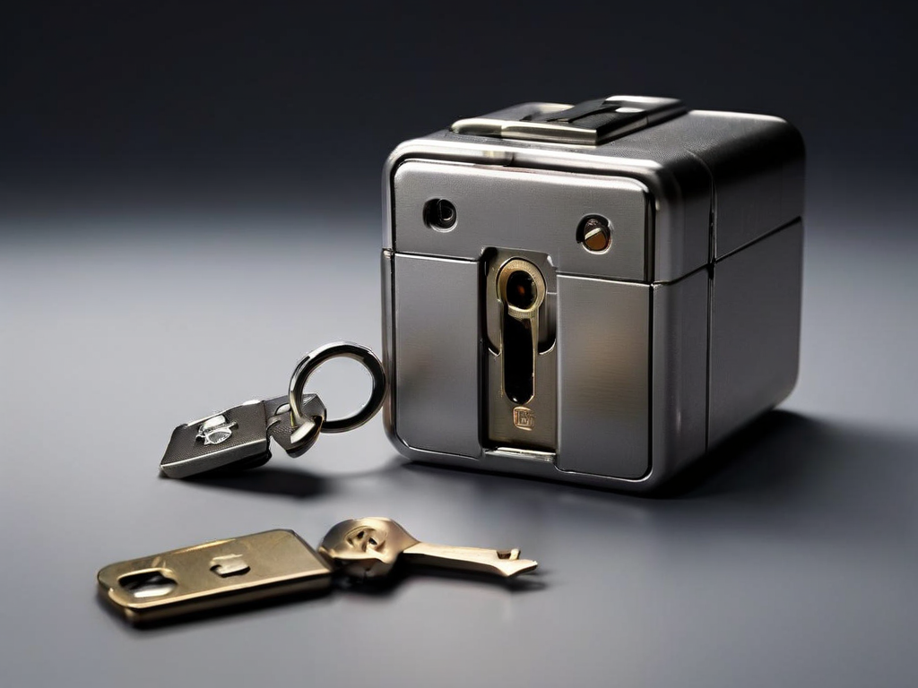 Small metal lock, closed key case, and blank security card arranged on a gray studio surface with soft side light.