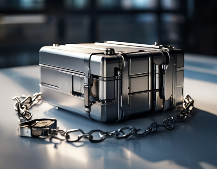 Brushed metal surface holds a sealed storage case with a short chain, alongside small blocks representing linked digital file...
