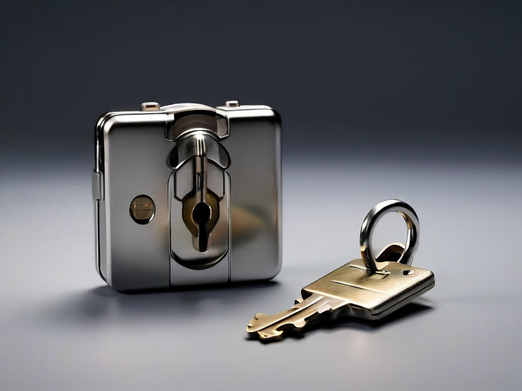 Small metal lock, closed key case, and blank security card on gray studio surface with soft side light.