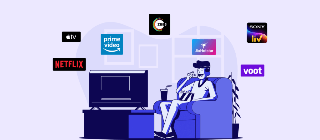 Viewer watching television surrounded by multiple streaming-service logos, illustrating the search for a movie across different OTT platforms.