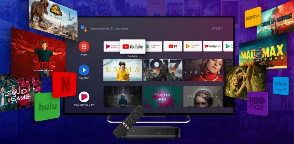 Smart TV movie-search interface surrounded by streaming apps and film posters, representing the comparison of subscription, rental, and purchase options.