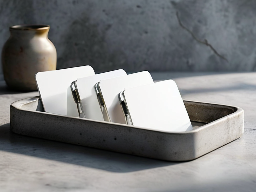 Three blank plastic divider cards in a neutral acrylic tray, each with a lock icon, on a stone countertop under soft studio light.