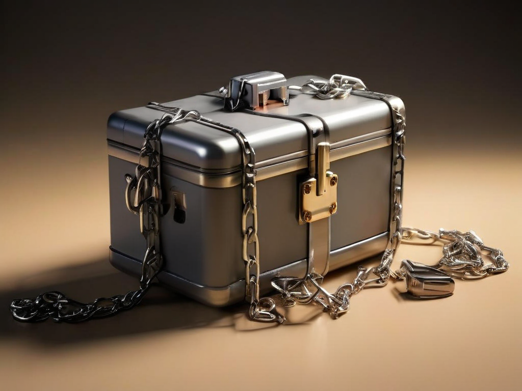 A sealed metal storage case with a short chain, and small unmarked blocks suggesting connected file locations, on a gray studio...