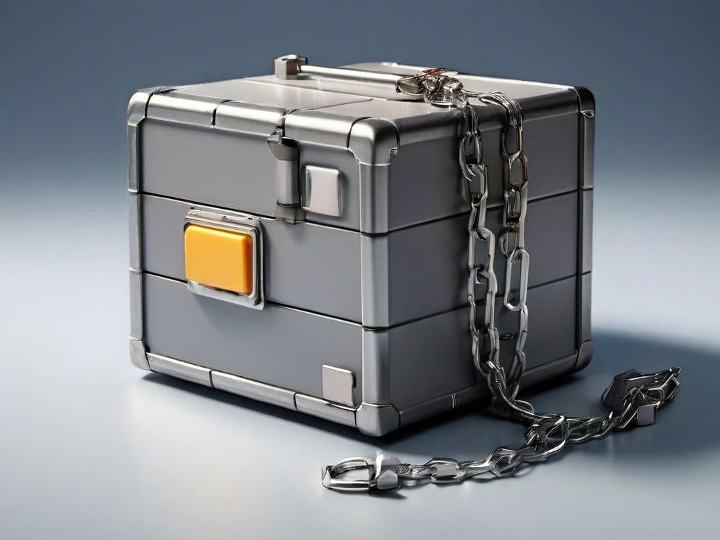 Sealed storage case with short metal chain and small blocks on gray surface, soft side light.