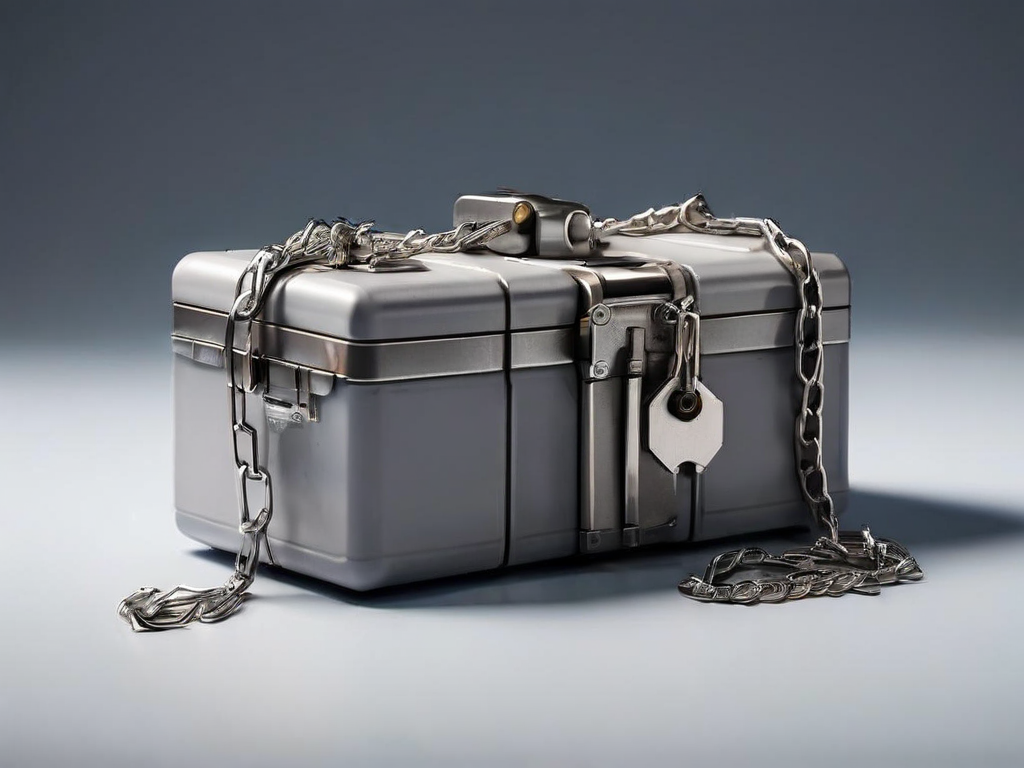 Sealed metal case with short chain and small blocks on matte gray surface under soft side light.