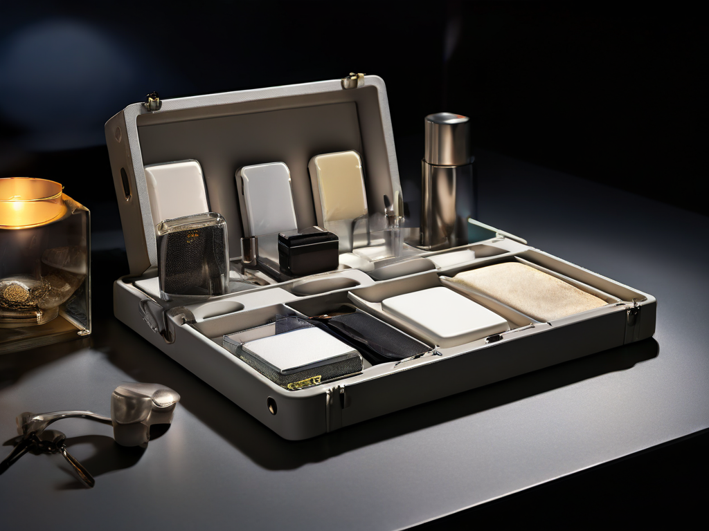 Compact storage block with verification slots and organized reference cards in a neutral acrylic tray on stone counter, soft...