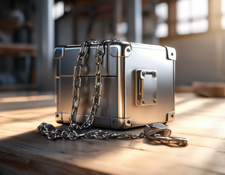 Brushed metal surface holds sealed storage case connected by short chain to linked file location blocks.