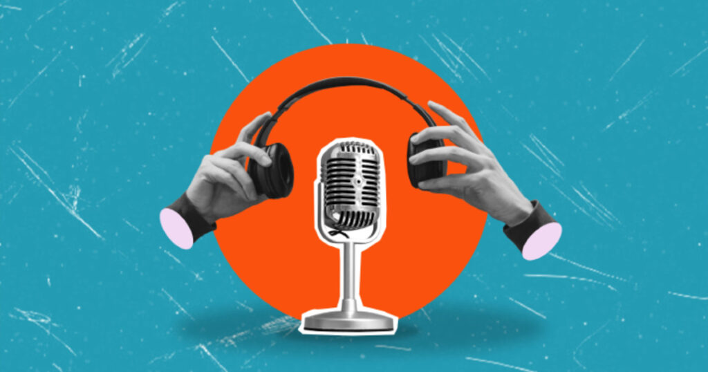 A microphone and headphones representing a talk-focused podcast version in which music from the original radio broadcast may be reduced or removed.